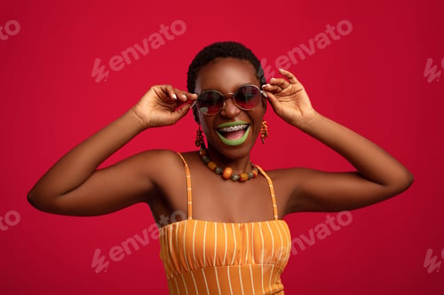Preview: Pretty african american young woman trying new sunglasses