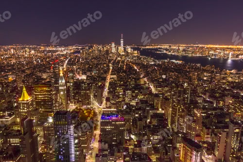 Preview: Illuminated Cityscape of Manhattan, New York at Night. United St