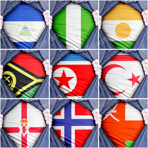 Preview: Collection of ripping shirts showing printed flags of different countries