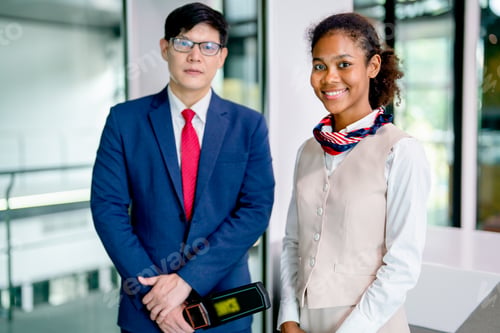 Preview: Portrait and close up of air hostess and airline staff at gate of airport to welcome and check
