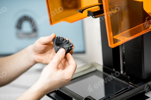 Preview: Dental technician removing jaw model from a 3d printer