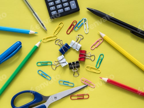 Preview: Colorful stationery on yelow background