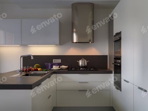 Preview: interior view of a modern kitchen with fresh fruit on the worktop near at sink