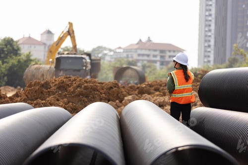 Preview: A female engineer examines stacked drainage pipes at a construction site.