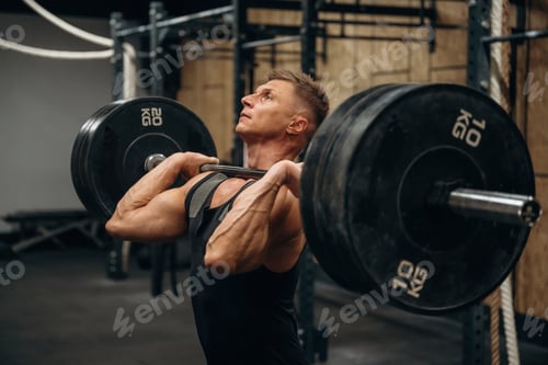 Preview: View from the side. Athletic man performing weightlifting exercises with a barbell in a gym