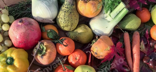Preview: composition of fruits and vegetables with autumn colors - top view