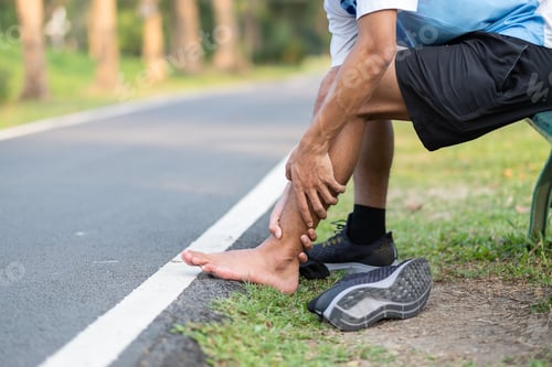 Preview: man holding his sports leg injury. muscle painful during training.