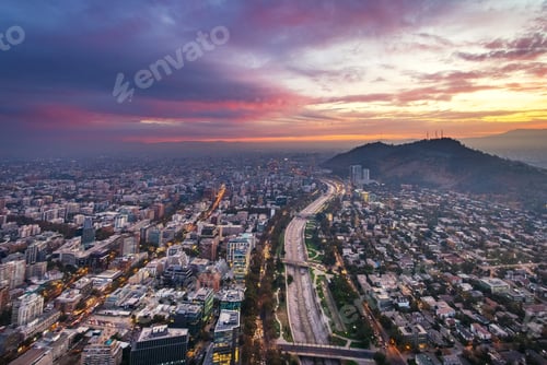 Preview: Santiago aerial view with San Cristobal Hill and Mapocho River at sunset - Santiago, Chile