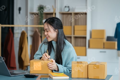 Preview: Woman start up online seller owner at workplace.