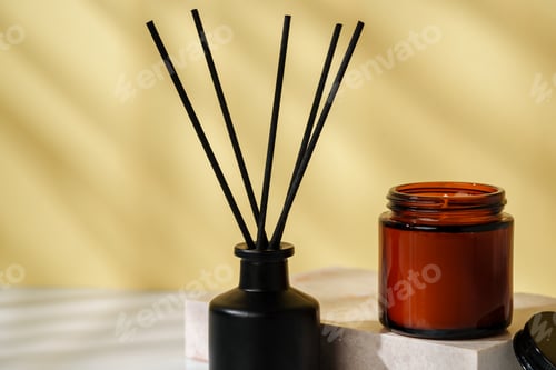 Preview: Elegant Reed Diffuser and Scented Candle on a Modern Desk at Golden Hour
