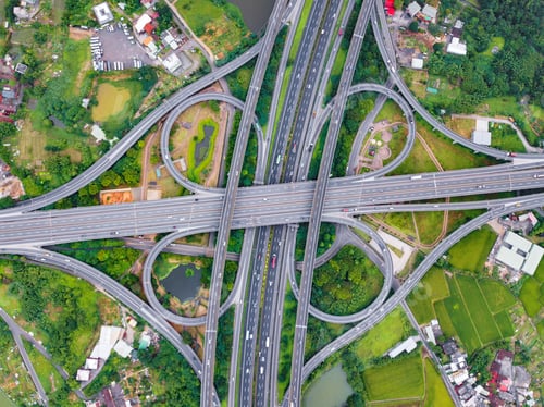 Preview: Aerial view of highway junctions. Bridge roads shape in structure. Top view. Urban city