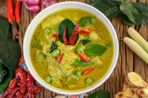 Preview: Green curry in a bowl with lime, red onion, lemon grass, garlic and kaffir lime leaves