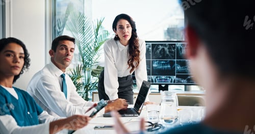 Preview: Woman, doctor or team collaboration with x ray on screen for meeting or planning surgery in boardro