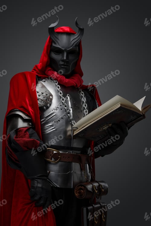 Preview: Mystic priest of dark cult with red robe and book