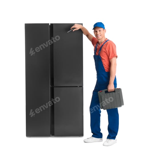 Preview: Male technician with tool box near refrigerator on white background