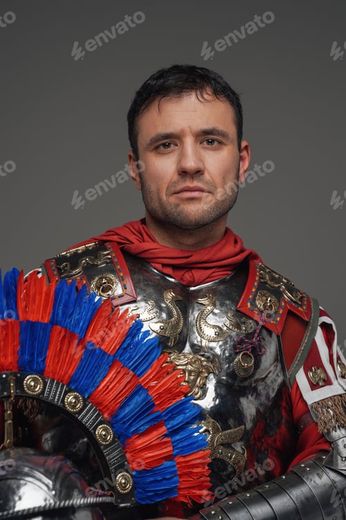 Preview: Portrait of ancient roman centurion against gray background