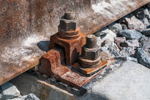 Preview: Railroad nut and bolt on background of gravel