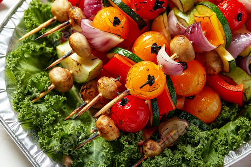 Preview: vegetarian skewers with dry herbs on wooden skewers of zucchini tomato onion mushrooms on a plate