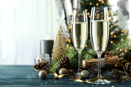 Preview: Concept of New Year celebration with champagne on wooden table