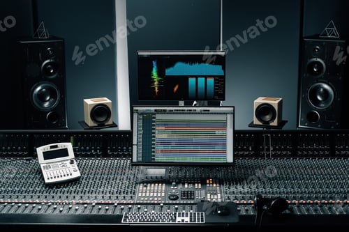 Preview: recording studio with a screen with sound wave and volume settings two subwoofers and console
