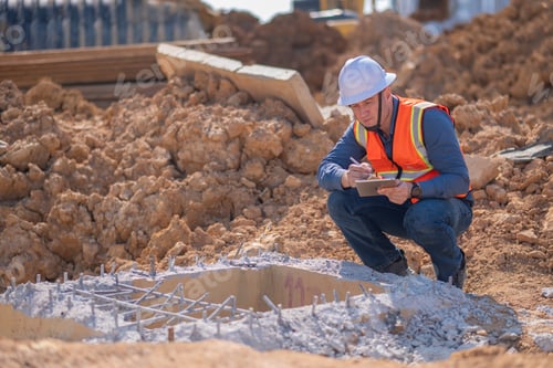 Preview: Engineer worker operations construction plans large black drainage pipe