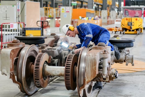 Preview: Specialist Railway Engineer checking the Condition of Trains Railway and Steel Rails