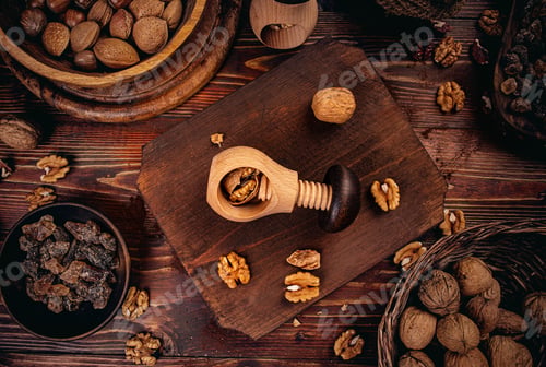 Preview: Flat lay of freshly cracked walnut
