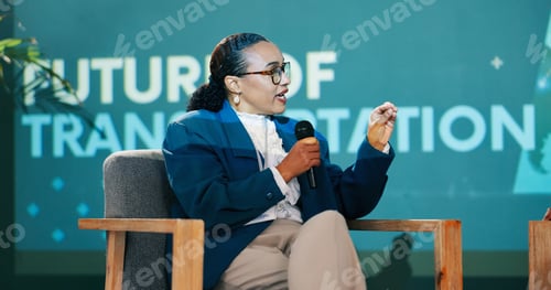 Preview: Conference, woman and speaker on stage for talk, speech or discussion with workshop host. Panel, mi