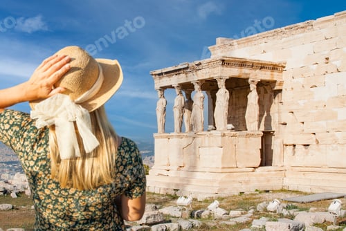 Preview: Woman Gazes at The Erechtheion or Temple of Athena Polias, Acropolis, Athens, Greece.