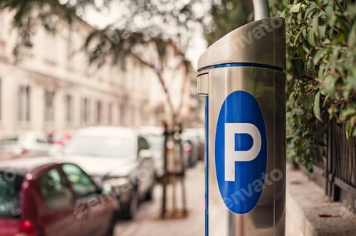 Preview: Blue parking sign on automatic ticket machine.