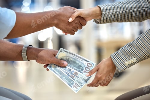 Preview: Handshake, money and bribe for office crime, dirty deal and secret partnership for trading in finan