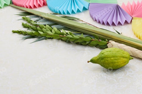 Preview: Colorful Sukkot Composition. Festive Sukkot arrangement with lulav, etrog