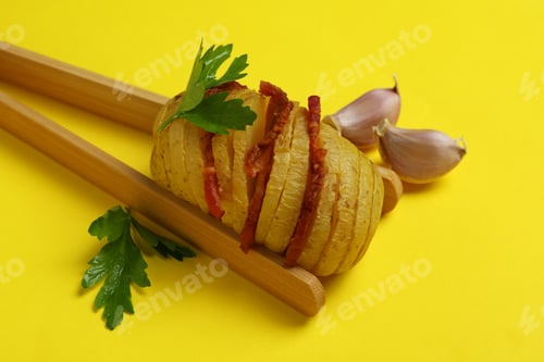 Preview: Wooden tongs with baked potato on yellow background