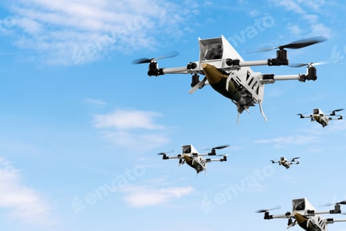 Preview: Military kamikaze drones with aerial bombs fly in front of blue sky.