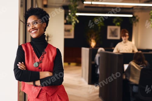 Preview: Portrait of cheerful mature black woman with arms folded smiling