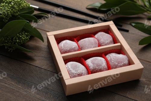 Preview: Box of delicious mochi and leaves on wooden table. Traditional Japanese dessert