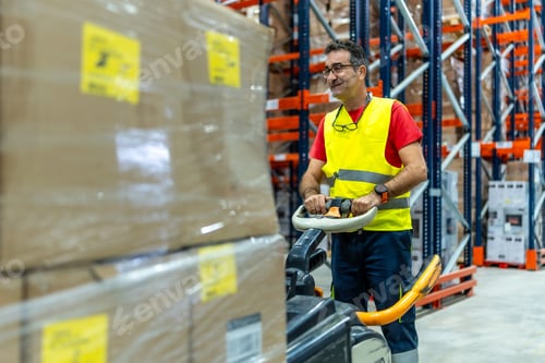 Preview: Mature happy man working in a warehouse