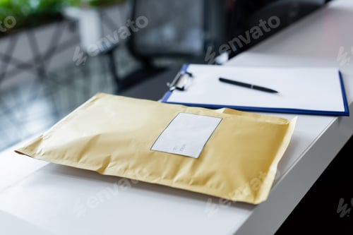 Preview: Parcel and blurred clipboard on reception in office