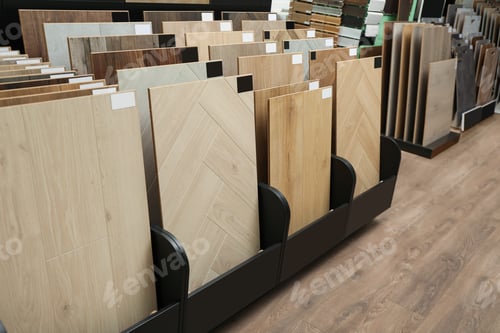 Preview: Many different samples of wooden flooring in store
