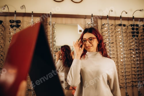 Preview: Smiling young woman trying on glasses on mirror in optician.