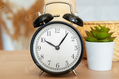 Preview: Close up of vintage alarm clock on wooden table