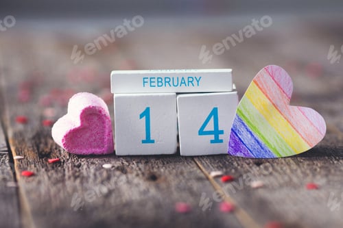 Preview: Wooden calendar with date of 14 February and heart in LGBT community flag color