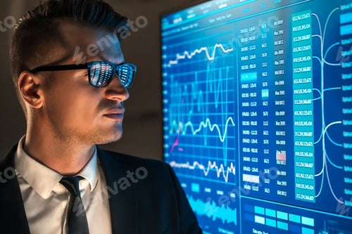 Preview: The businessman looking on the blue screen in the dark office