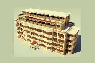 Preview: Multi-level apartment building with balconies and flat roof