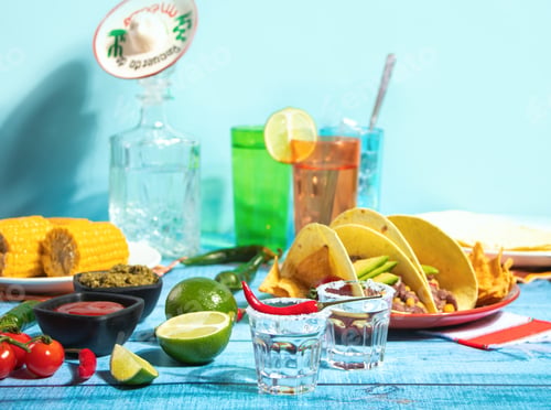 Preview: Mexican tequila shots with lime and hot red chili with traditional food corn tacos on the background