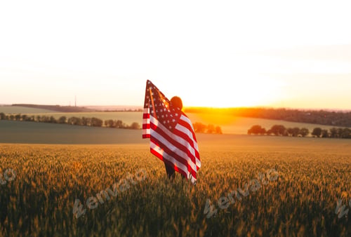 Preview: Beautiful girl with American flag in a wheat field at sunset