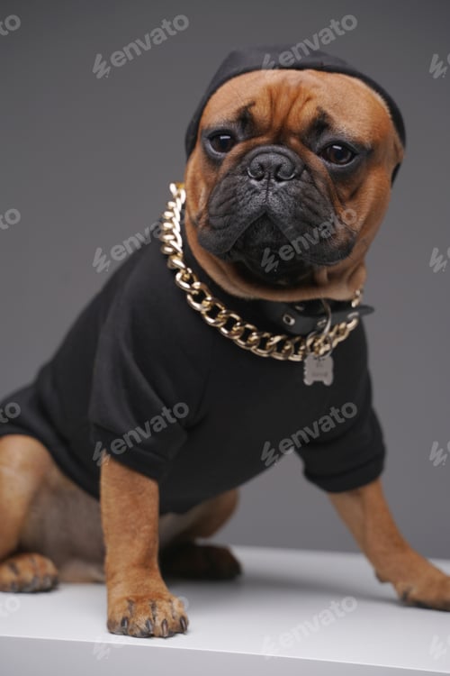 Preview: Adorable bulldog dressed in black hoody against gray background