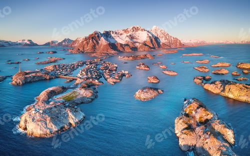 Preview: Aerial view at the Lofoten islands, Norway. Mountains and sea during sunset. Natural landscape