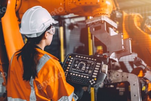 Preview: Engineer team service robot welding working in automation factory. Woman worker operate robotic arm