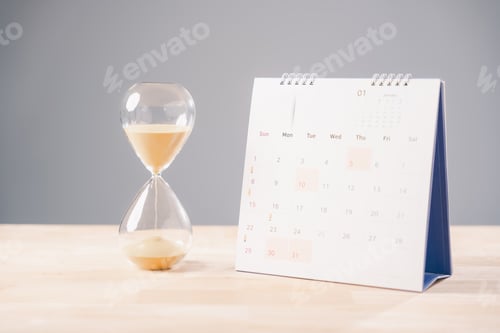 Preview: Glass hourglass shows time, calendar marks job deadline countdown, important schedule planning